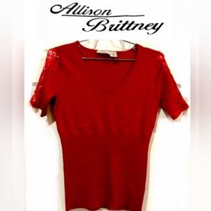 ♥️ ALLISON BRITTNEY red knit blouse w/lace sleeves size M EPLC
